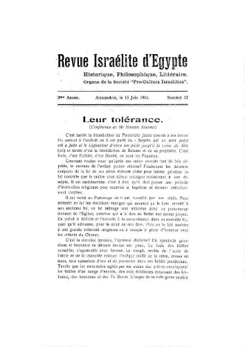 Revue israélite d'Egypte. Vol. 3 n° 12 (15 juin 1914)